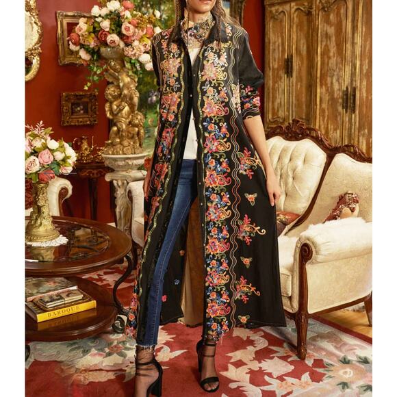 NWT ARATTA Meadow of Flowers Embroidered Duster - Black - Floral Multicolor - M - Picture 2 of 4